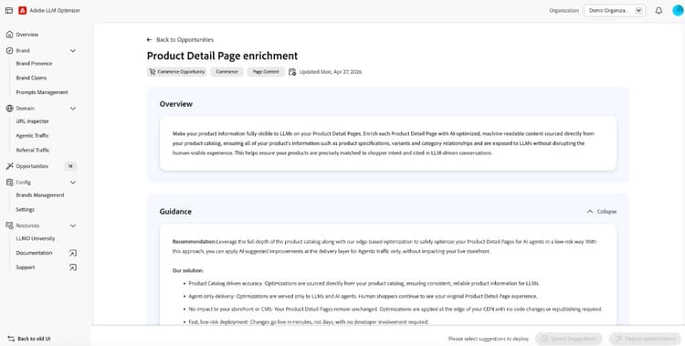 Enrich Product Detail Pages dashboard