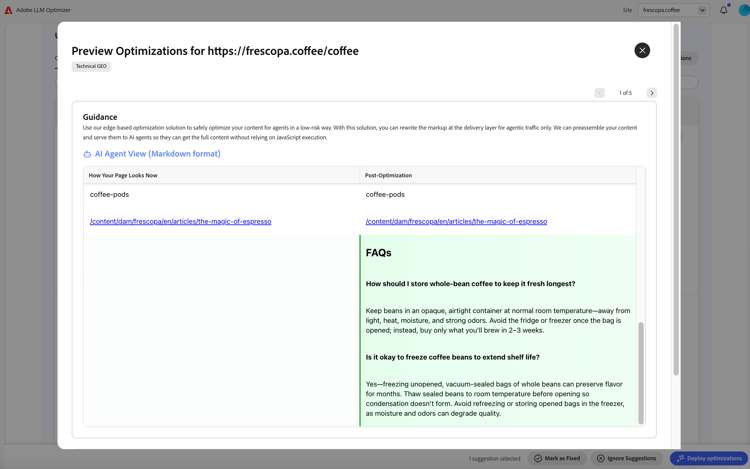 Preview optimizations comparing current versus post-optimization agent view with FAQs