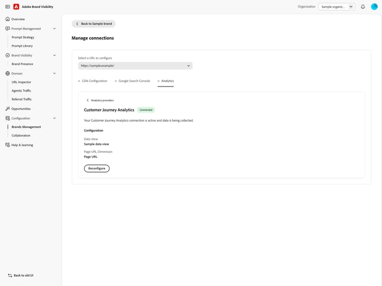 Adobe Brand Visibility configuration showing the Connected status for Customer Journey Analytics
