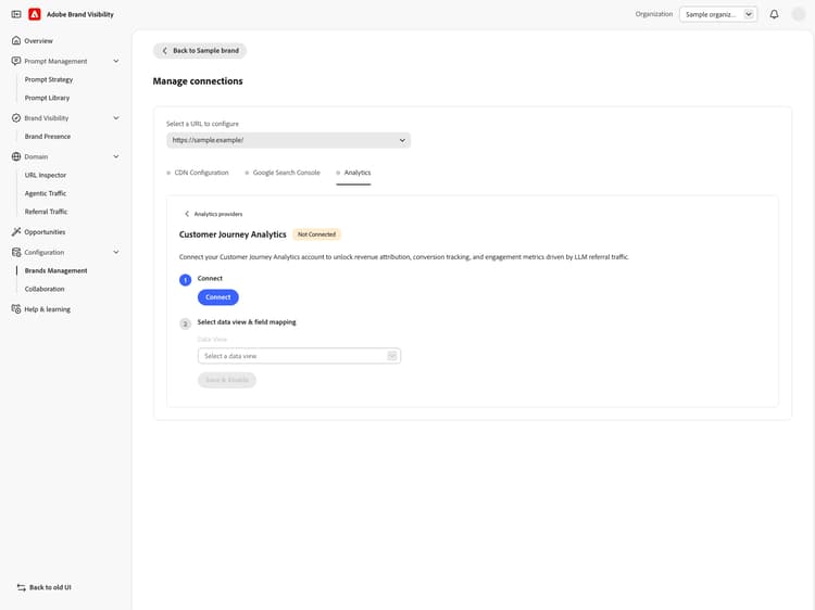Customer Journey Analytics connection step with the Connect button