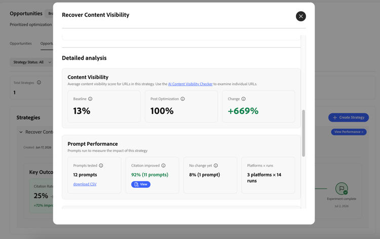 Detailed analysis showing Content Visibility metrics and Prompt Performance breakdown