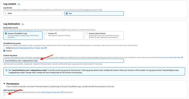 Lambda custom log group configuration