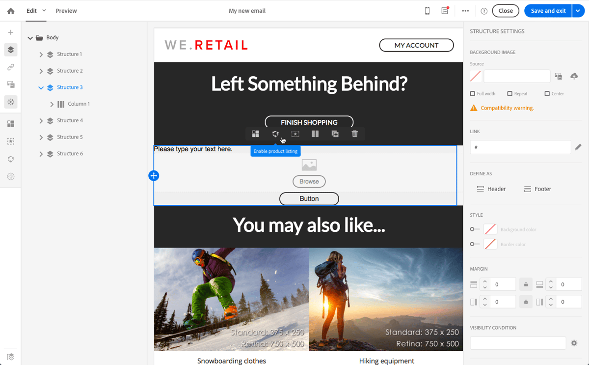 Using product listings in a transactional message | Adobe Campaign