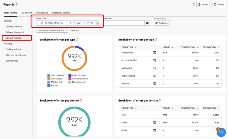 Quarantine reports in Adobe Campaign interface