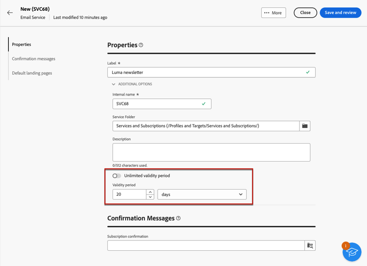 Screenshot showing the validity period settings for a subscription service