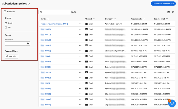Screenshot showing the list of subscription services with filters for channel, folder, and rules