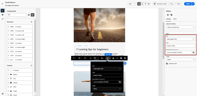 Screenshot showing the subscription and unsubscription link settings