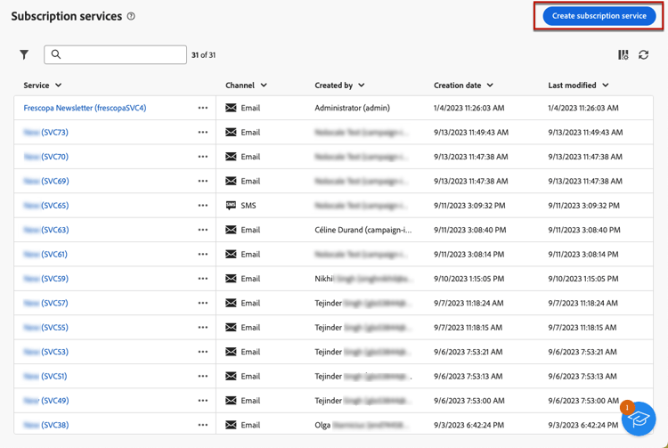 Screenshot showing the Create subscription service button