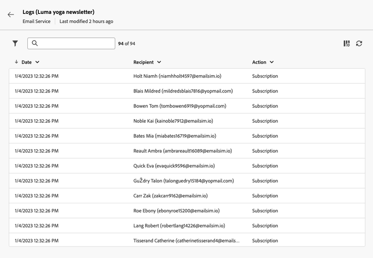 Screenshot showing the logs section with subscriber details