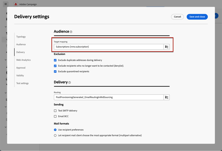 Screenshot showing the target mapping selection for a delivery template