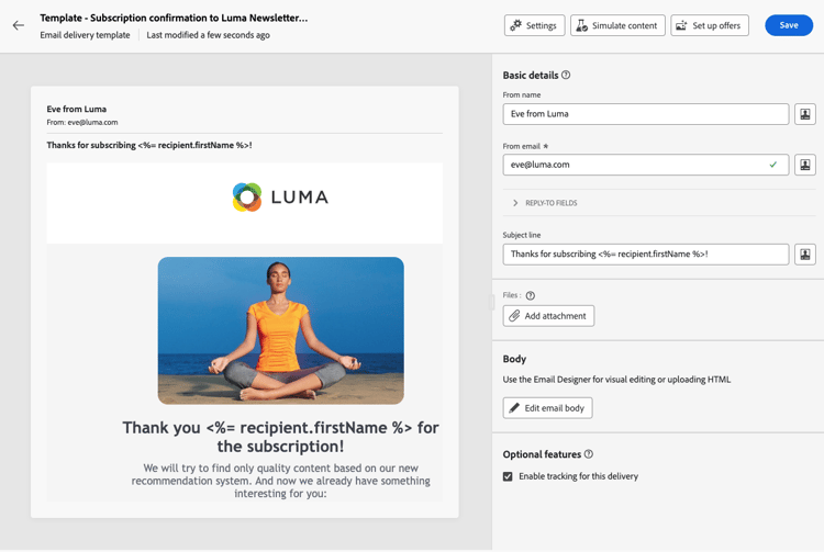 Screenshot showing the content editor for a delivery template