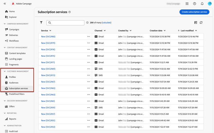 Screenshot showing the Subscription services menu on the left navigation rail under Customer management