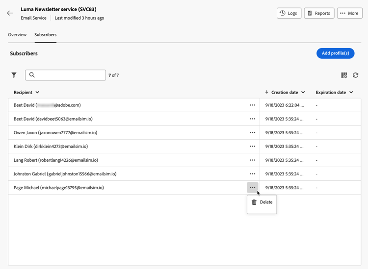 Screenshot showing the delete option for unsubscribing profiles.