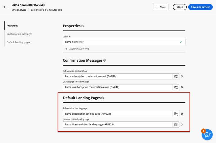 Screenshot showing the default landing page settings for a subscription service