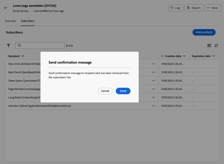 Screenshot showing the confirmation message interface for unsubscribing profiles.