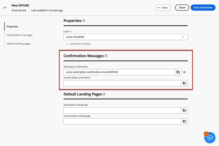 Screenshot showing the confirmation message template selection