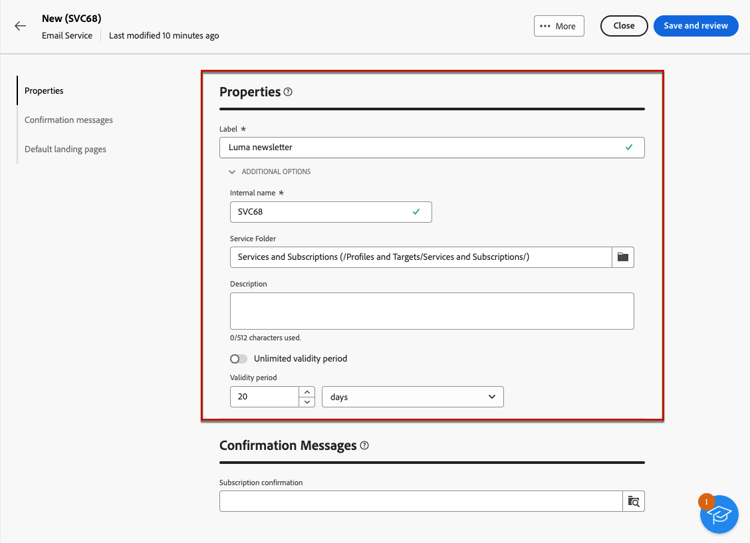 Screenshot showing the service properties section with label and additional options