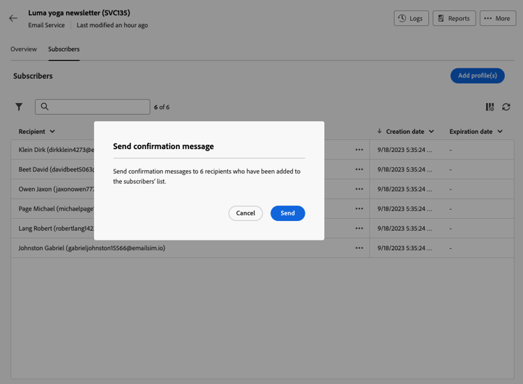Screenshot showing the confirmation message interface for adding subscribers.