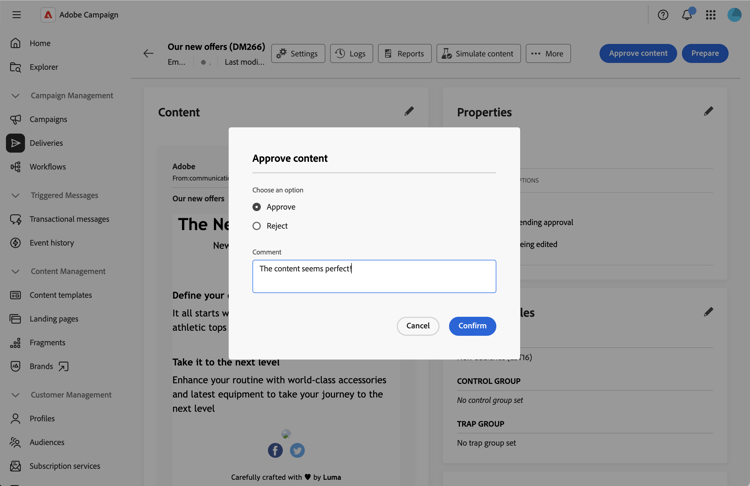 Screenshot showing the approval dialog with Approve, Reject buttons and Comment field