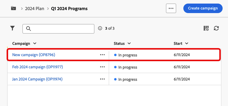 Screenshot showing a campaign listed within a program