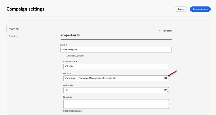 Screenshot showing the folder selection for linking a campaign to a program