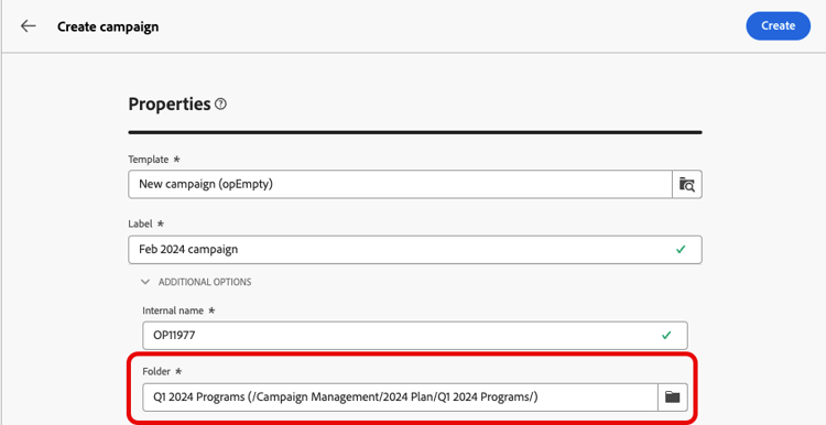 Screenshot showing the folder settings for a campaign linked to a program