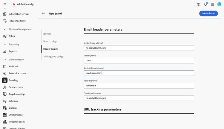 Screenshot showing the Header params tab with email header fields