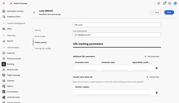 Screenshot showing URL tracking parameters in the Header params tab