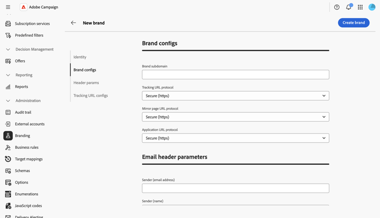 Screenshot showing the Brand configs tab