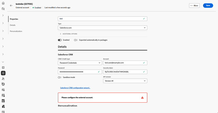 Screenshot showing the Salesforce external account configuration fields.