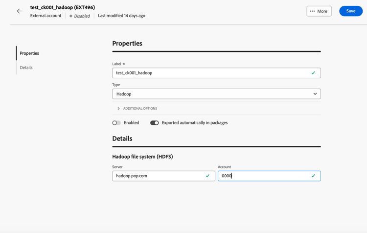 Screenshot showing the configuration for the Hadoop external account.