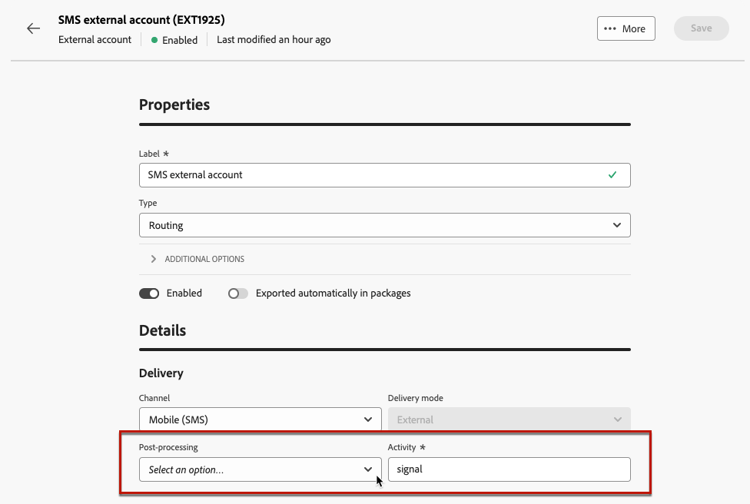 Screenshot showing the Post-processing field configuration for Routing external accounts.