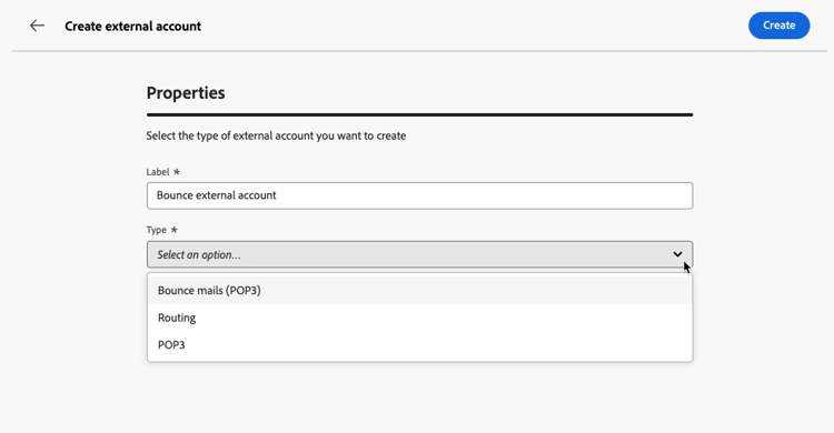 Screenshot showing fields for entering the label and selecting the external account type.