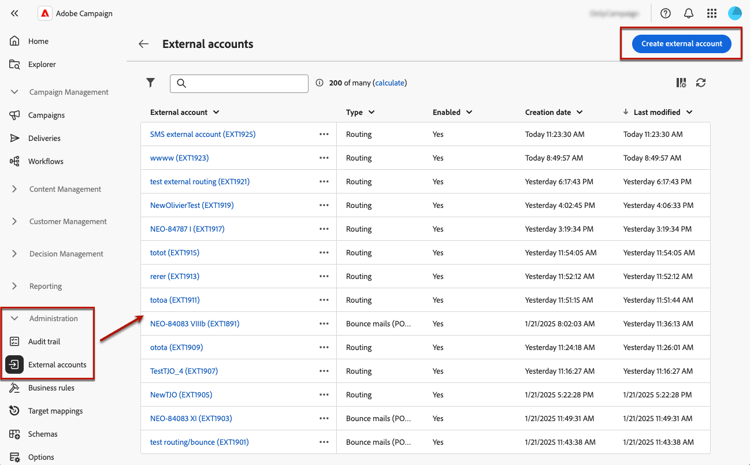 Screenshot showing the option to create an external account in the Web User Interface.