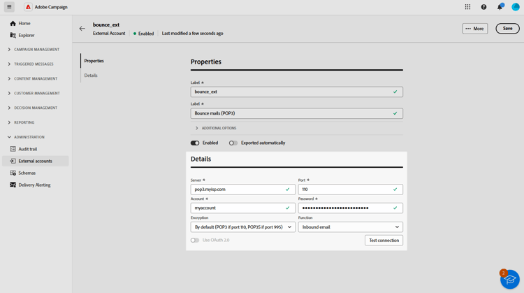 Screenshot showing the Bounce mails (POP3) external account configuration fields.