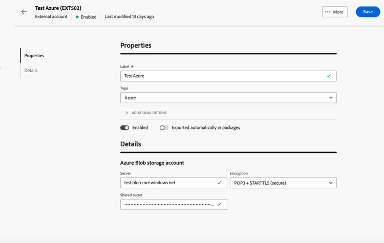 Screenshot showing the Azure Blob Storage external account configuration fields.