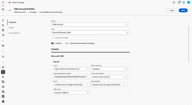 Screenshot showing the Microsoft Dynamics CRM external account configuration fields.