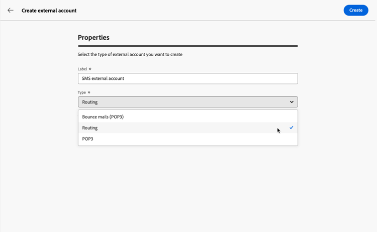 Screenshot showing the Routing external account type selection.