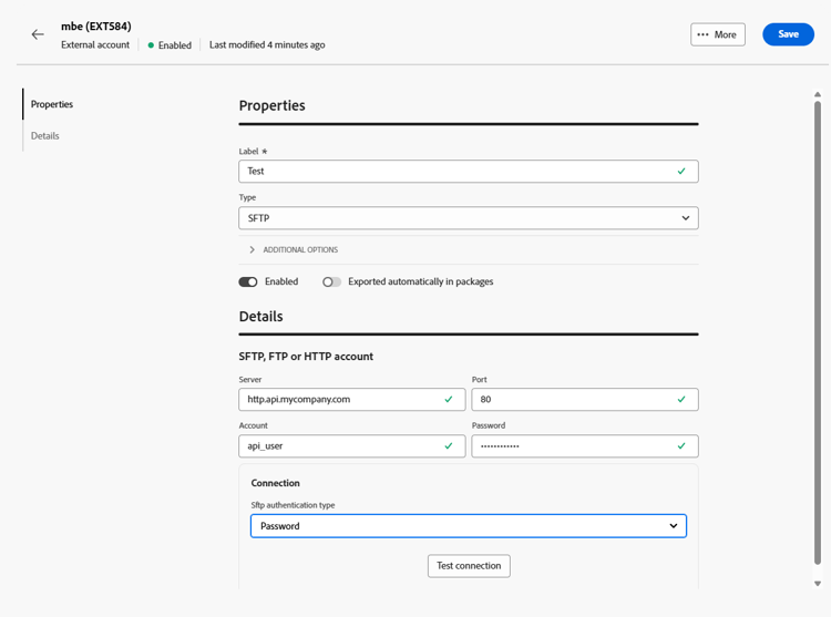 Screenshot showing the HTTP external account configuration fields.