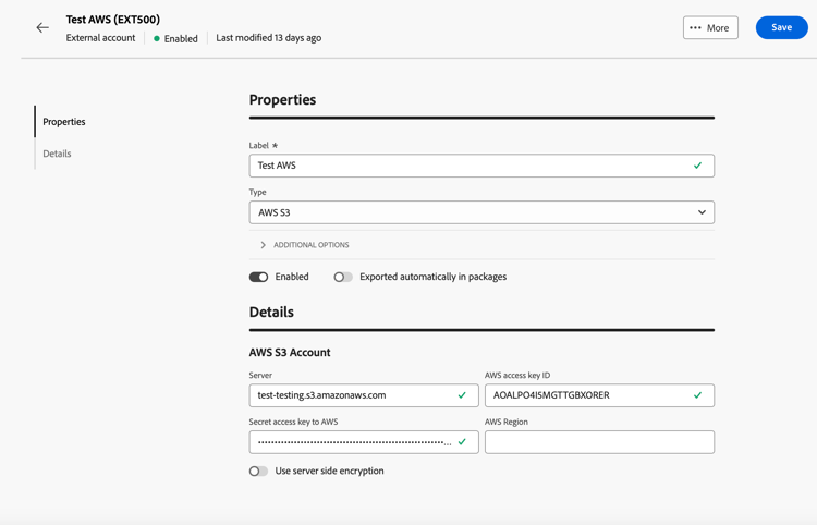 Screenshot showing the Amazon Simple Storage Service S3 external account configuration fields.