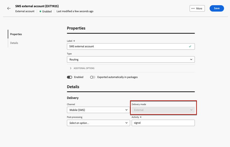 Screenshot showing the Delivery mode configuration for Routing external accounts.