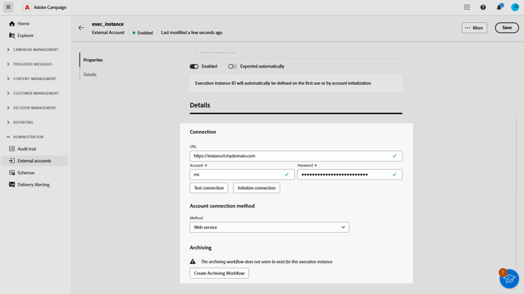 Screenshot showing the Execution instance external account configuration fields.