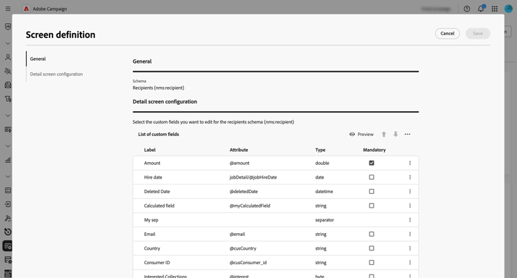 Custom fields screen showing editable attributes