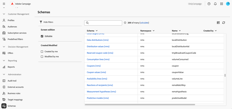 Screenshot showing the Schemas menu and Editable filter in the navigation pane