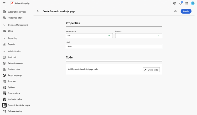 Dynamic JavaScript page creation interface showing namespace, name, and label fields