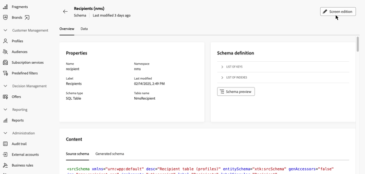 Screenshot showing the Screen definition button in the schema view