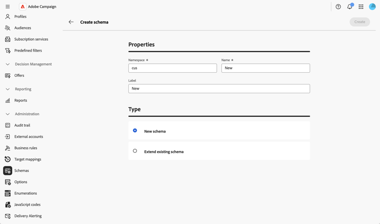 Schema creation dialog