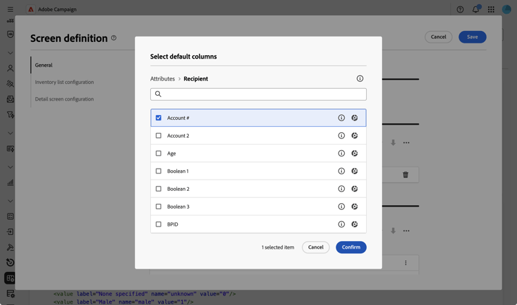 List columns configuration