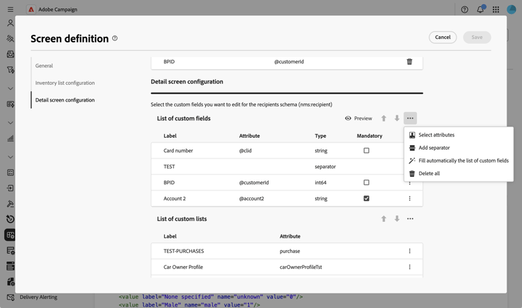 Custom fields screen showing editable attributes