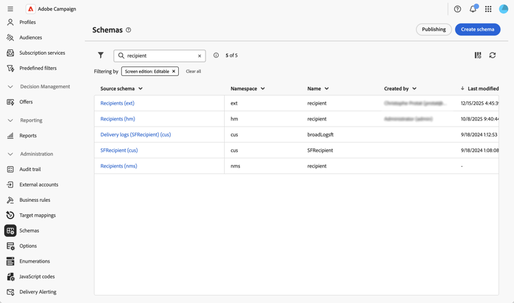 Schema creation dialog